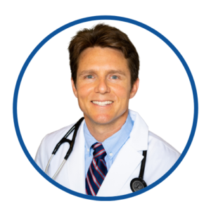 A round image of Dr. Scott Harrington, a vegan doctor, with a white background and blue frame