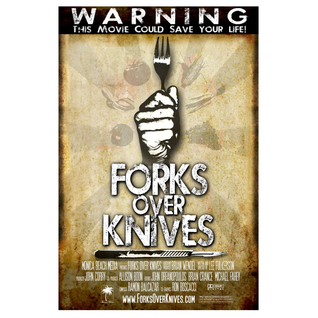 Movie poster of Forks Over Knives a documentary about a how a vegan diet can treat and reverse chronic diseases