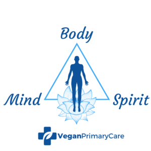 A depiction of holistic care featuring a human silhouette on a triangle with the words mind body and spirit at the points below is the logo for veganprimarycare.com