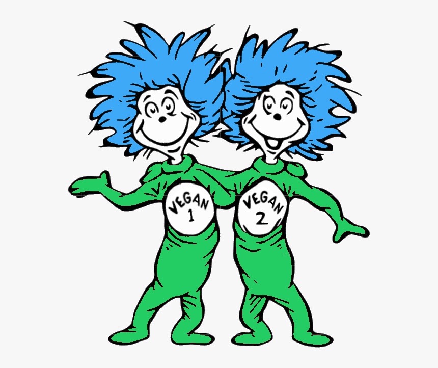 An image similar to the Dr. Seuss characters thing 1 and thing 2 which are made green. They are labeled vegan 1 and vegan 2, to indicate a vegan doctor is just like you