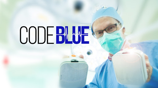 Movie poster for code blue a food documentary with a doctor holding resuscitation paddles to shock a patient