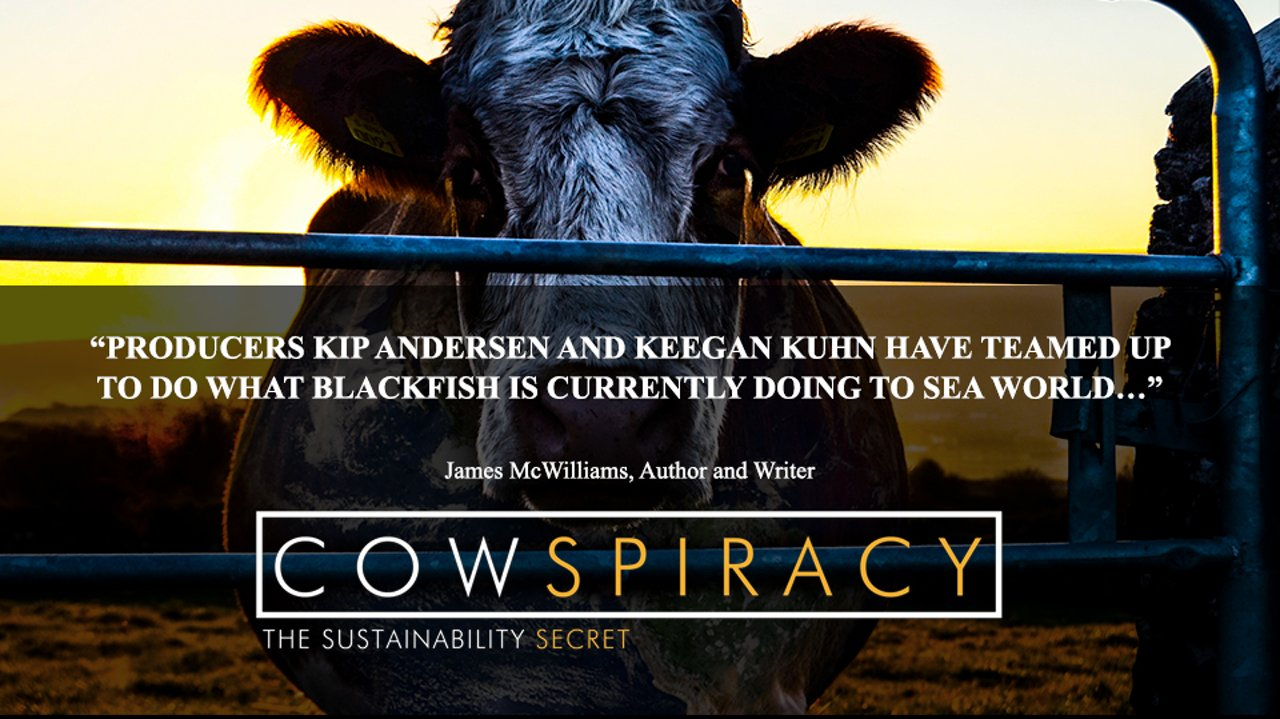 Vegan movie poster for cowspiracy the sustainability secret showing a cow in a feedlot