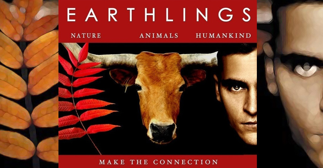 Movie poster for Earthlings showing a leaves, a cow and a human face in a lineup suggesting we are all life on earth, the face is of famous actor Joaquin Phoenix