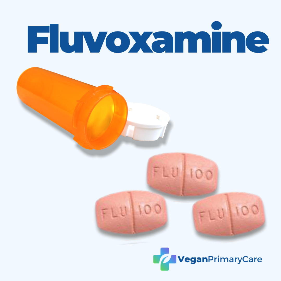 Fluvoxamine for COVID19 bottle with images of fluvoxamine pills and the vegan primary care logo