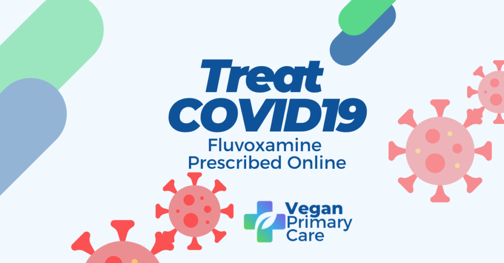 Image contains pictures of pills and COVID viruses with a writing that says Fluvoxamine for COVID19 Prescribed Online at Vegan Primary Care