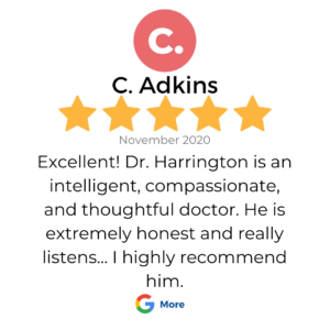 A 5 star google review review in a box that shows a patient review for services at VeganPrimaryCare.com with Dr Scott Harrington DO, it says “Excellent! Dr. Harrington is an intelligent, compassionate, and thoughtful doctor. He is extremely honest and really listens... I highly recommend him.”