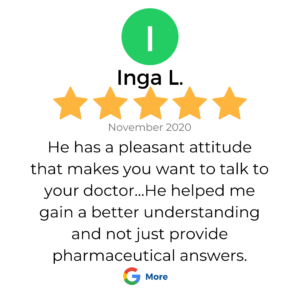 A 5 star google review review in a box that shows a patient review for services at VeganPrimaryCare.com with Dr Scott Harrington DO, it says “He has a pleasant attitude that makes you want to talk to your doctor. He helped me gain a better understanding not just provide pharmaceutical answers.”