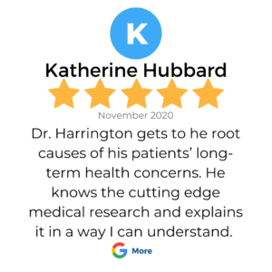 A 5 star google review review in a box that shows a patient review for services at VeganPrimaryCare.com with Dr Scott Harrington DO, it says “Dr. Harrington gets to he root causes of his patients’ long-term health concerns. He knows the cutting edge medical research and explains it in a way I can understand.”