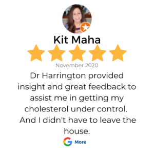 A 5 star google review review in a box that shows a patient review for services at VeganPrimaryCare.com with Dr Scott Harrington DO, it says “ Dr. Harrington provided insight and great feedback to assist me in getting my cholesterol under control. And I didn't have to leave the house.”