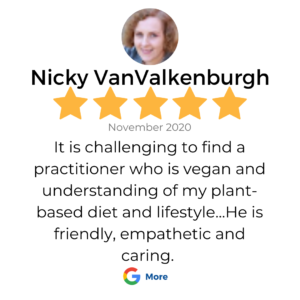 A 5 star google review in a box that shows a patient review for services at VeganPrimaryCare.com with Dr Scott Harrington DO, it says “It is challenging to find a practitioner who is vegan and understanding of my plant-based diet and lifestyle. He is friendly, empathetic and caring. I'm very pleased with the care that I received.”