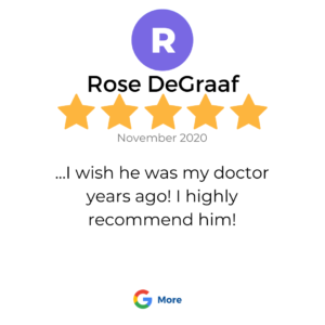 A 5 star google review review in a box that shows a patient review for services at VeganPrimaryCare.com with Dr Scott Harrington DO, it says “I wish he was my doctor years ago! I highly recommend him!”