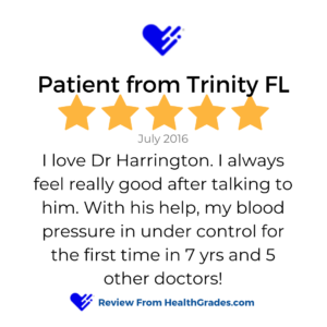 A 5 star healthgrades.com review review in a box that shows a patient review for services at VeganPrimaryCare.com with Dr Scott Harrington DO, it says “I love Dr Harrington. I always feel really good after talking to him. With his help, my blood pressure in under control for the first time in 7 yrs and 5 other doctors!”
