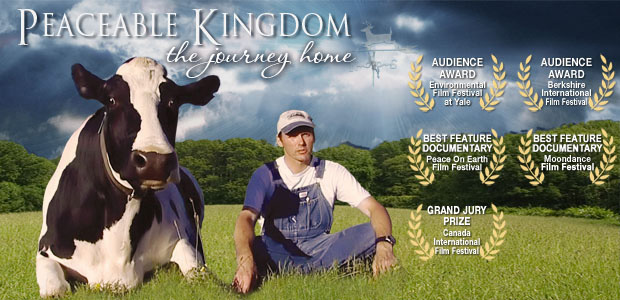 Vegan movie poster for for Peaceable Kingdom showing a cow sitting next to a farmer in a field