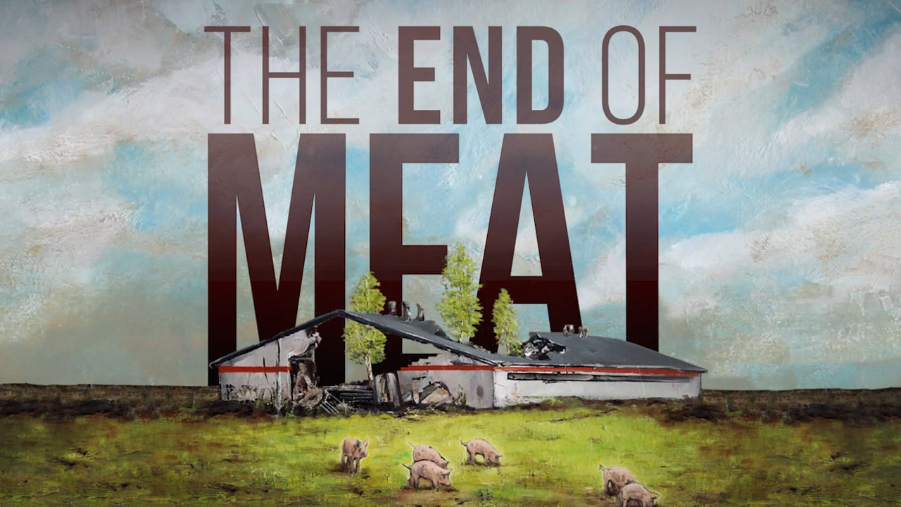 Vegan movie poster for the end of meat showing a broken down farmhouse