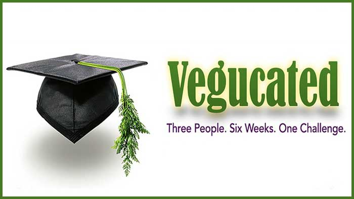 Vegan documentary poster for Vegucated showing a graduation cap with a leaf as a tassel with the tagline three people, six weeks, one challenge