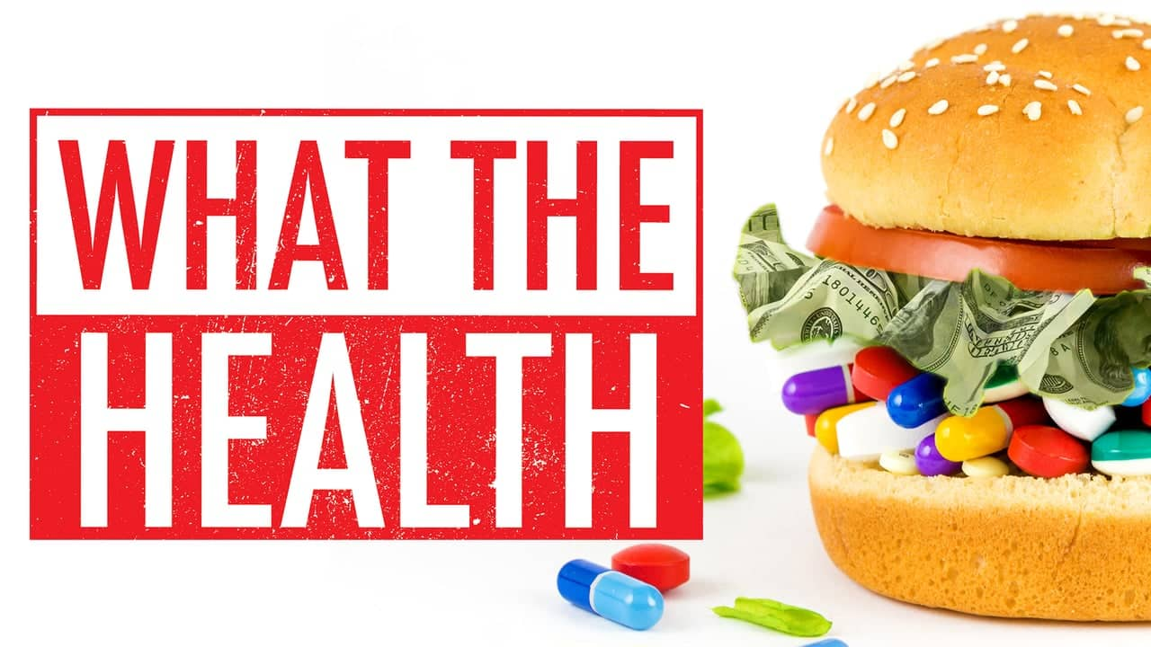 Movie poster for the vegan movie what the health showing a hamburger with money instead of lettuce and pills instead of a burger