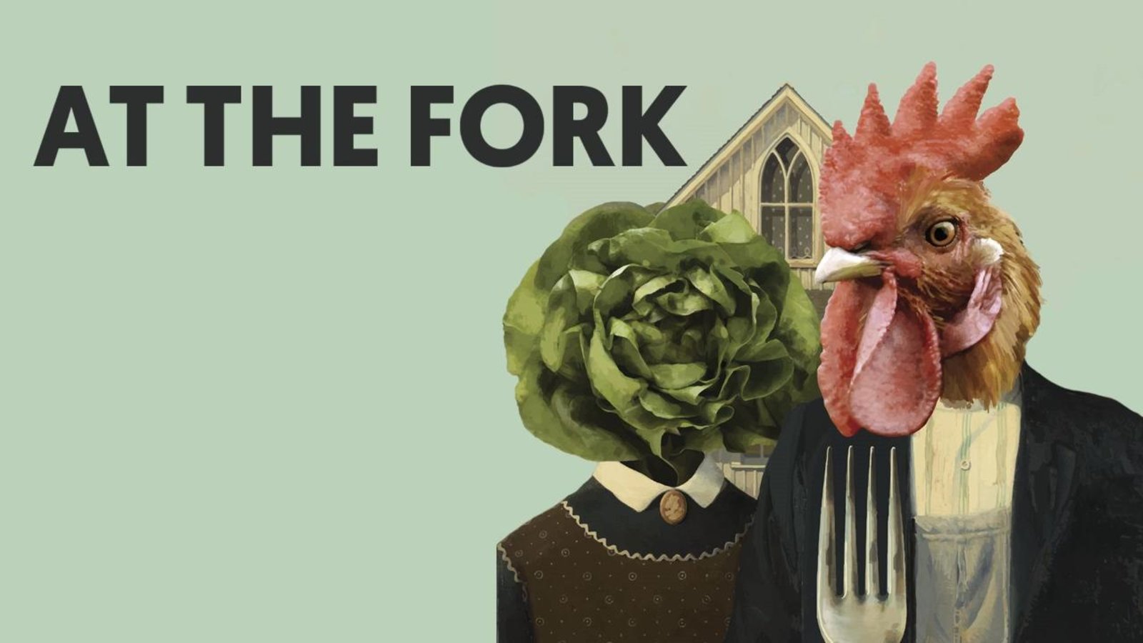 Vegan Movie poster for At The Fork a movie about animal husbandry showing a husband and wife with a lettuce head and a chicken head