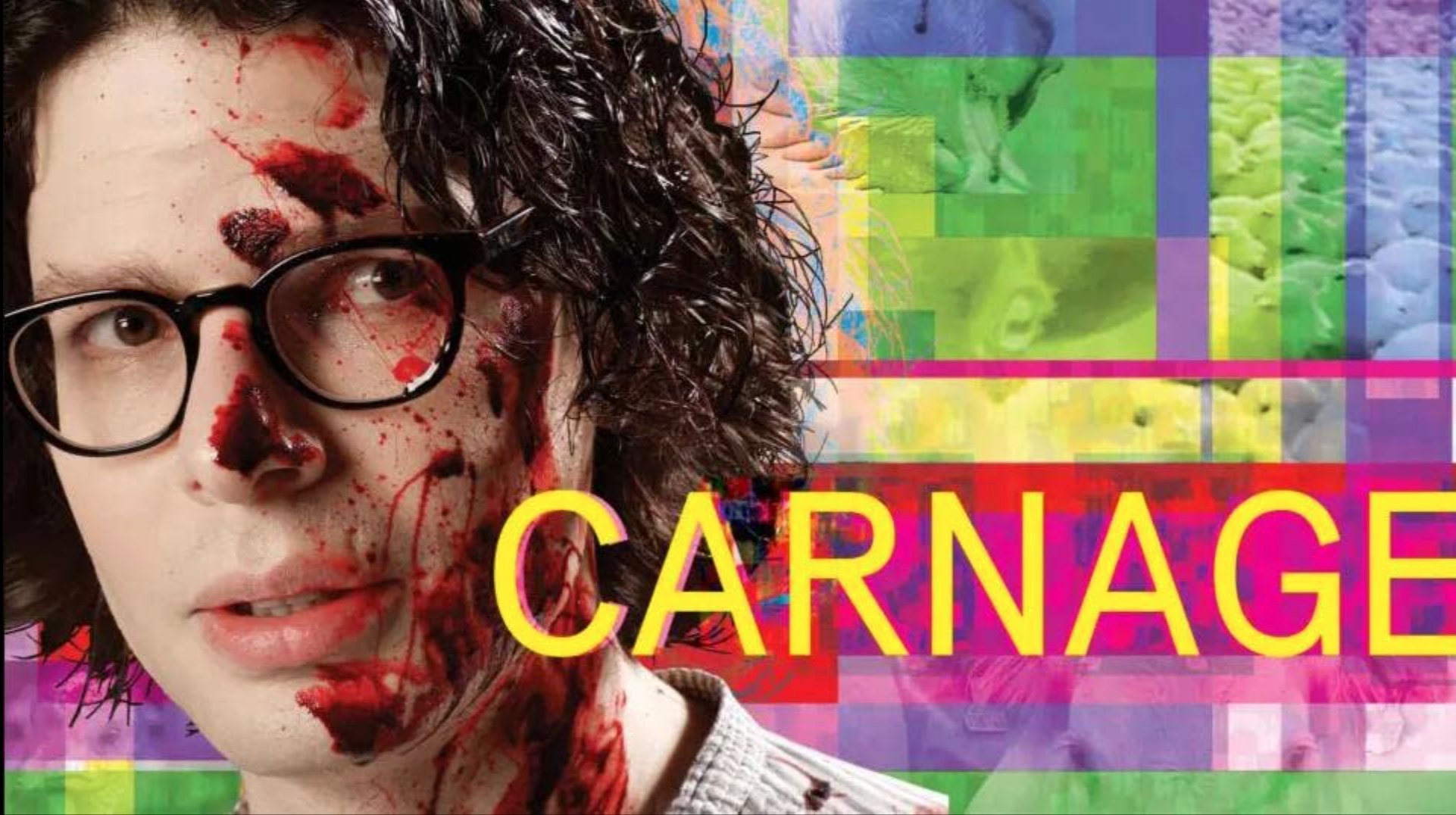 Vegan movie poster with a man with blood smeared on his face and the word Carnage