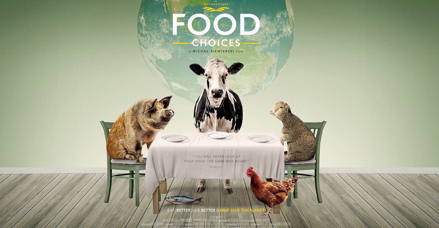 Vegan movie poster for Food Choices showing a animals at a diner table and the earth in the background