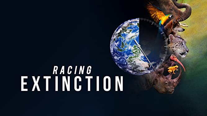 Racing Extinction movie poster showing a symbol of the earth superimposed on a clock face with the shaded side showing extinct animals suggesting they will all be gone soon