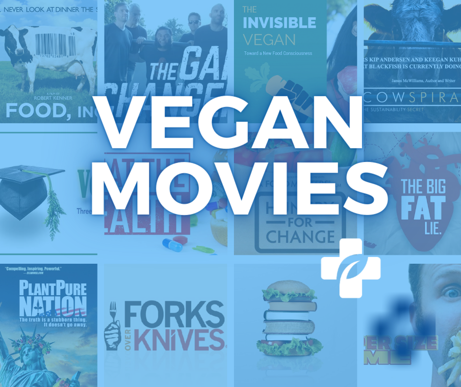 Collage of vegan movie and vegan documentary posters with the vegan primary care logo over a blue transparent background