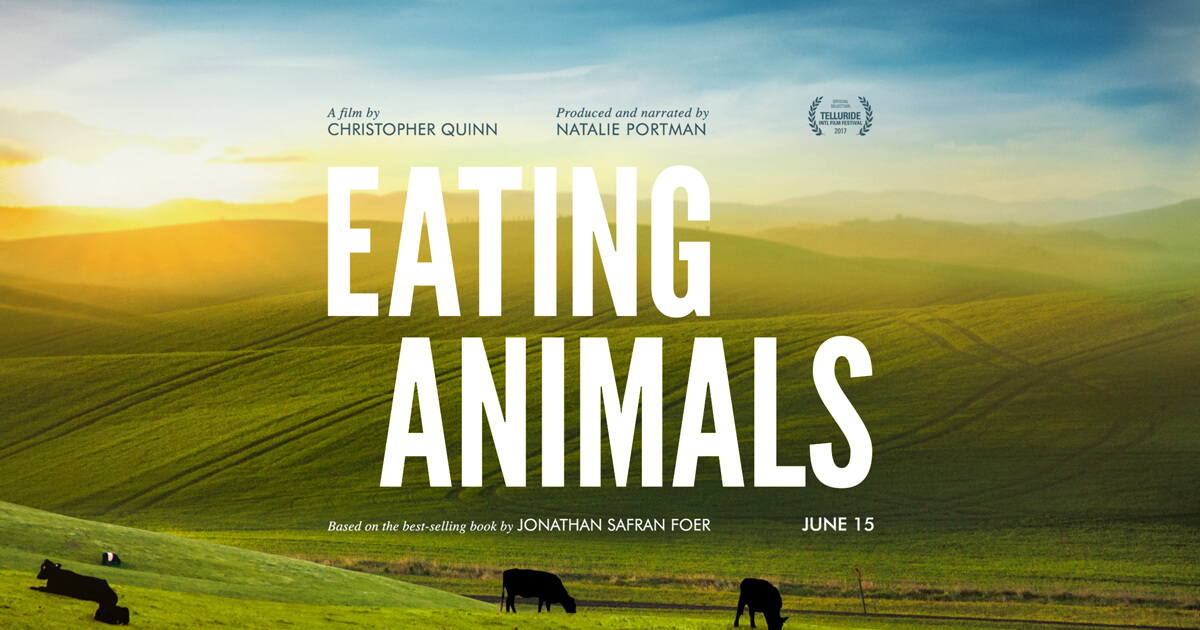 vegan movie poster for the vegan documentary eating animals showing a field of cows