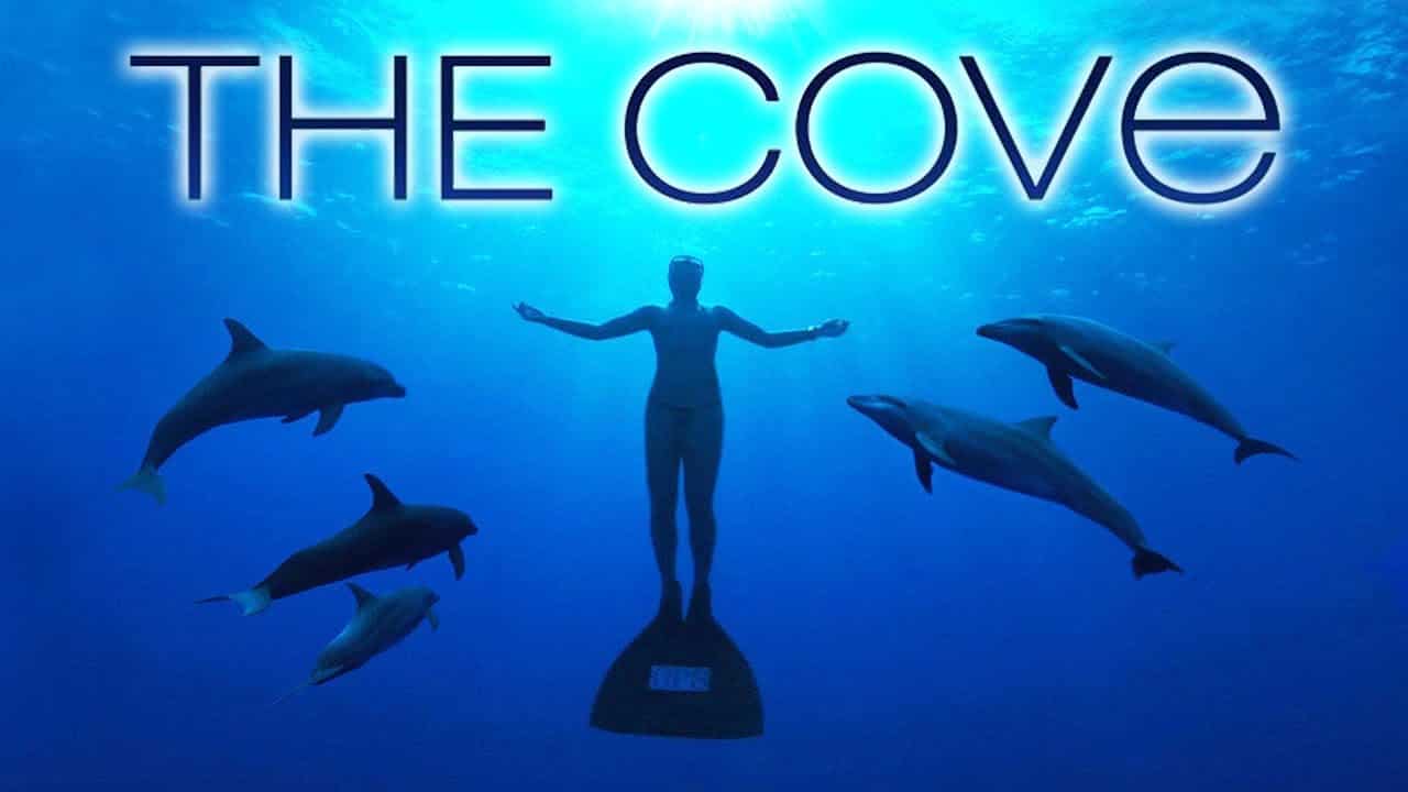 Movie poster for the cove showing a diver in cross pose with a dolphin style flipper and 5 dolphins surrounding the figure