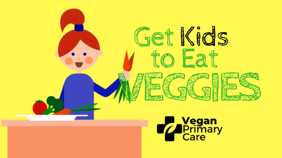 Illustration of how to get kids to eat vegetables by vegan primary care and Dr. Scott Harrington Showing a female child holding up carrots and smiling