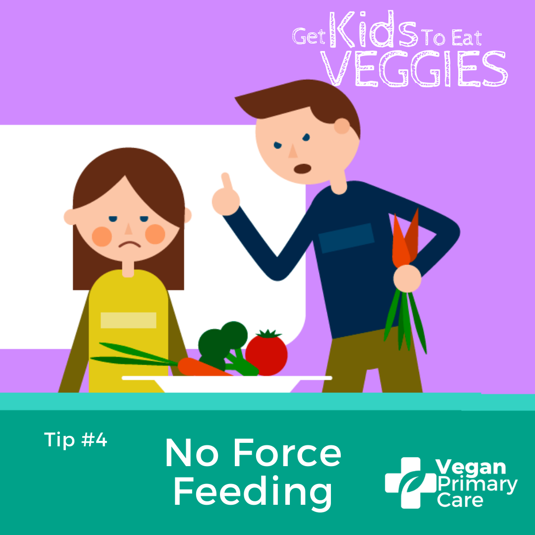 illustration of how to get kids to eat vegetables by vegan primary care tip 4 no force-feeding a scene where it shows a child being pressured to eat vegetables by an angry parent