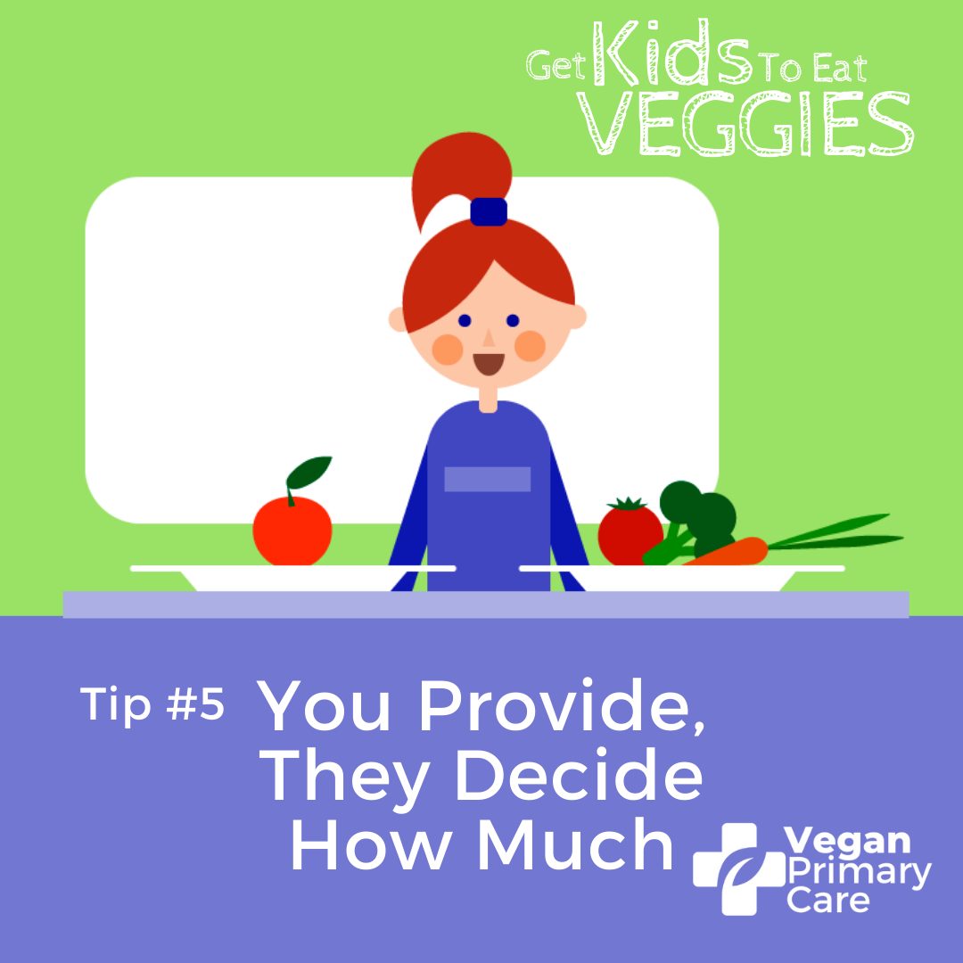 illustration of how to get kids to eat vegetables by vegan primary care tip 5 you provide they decide a scene showing a female child at a table deciding between a small portion and a big portion of vegetables