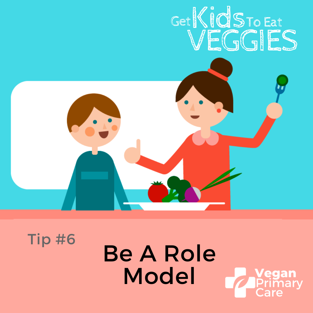 illustration of how to get kids to eat vegetables by vegan primary care tip 6 be a role model a scene where an adult female role model parent figure is demonstrating how to eat vegetables to a child