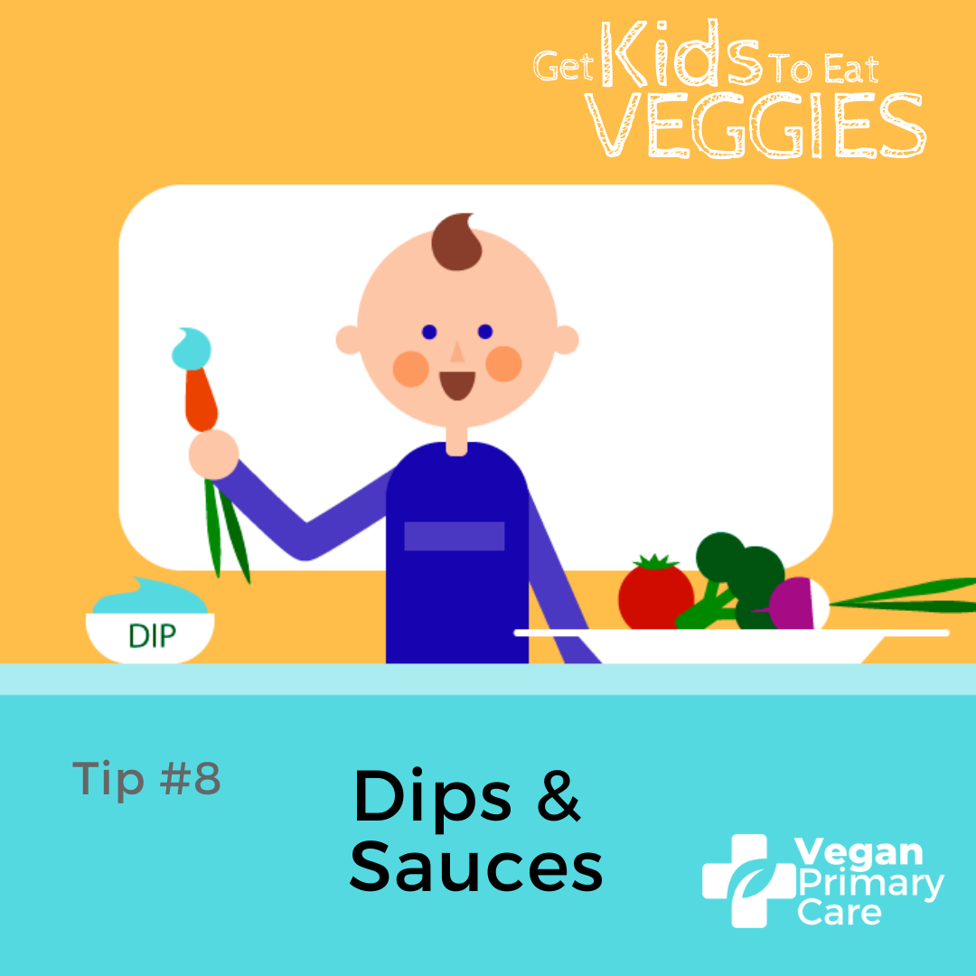 illustration of how to get kids to eat vegetables by vegan primary care tip 8 dips and sauces a scene where a child is shown dipping a carrot into a sauce before eating