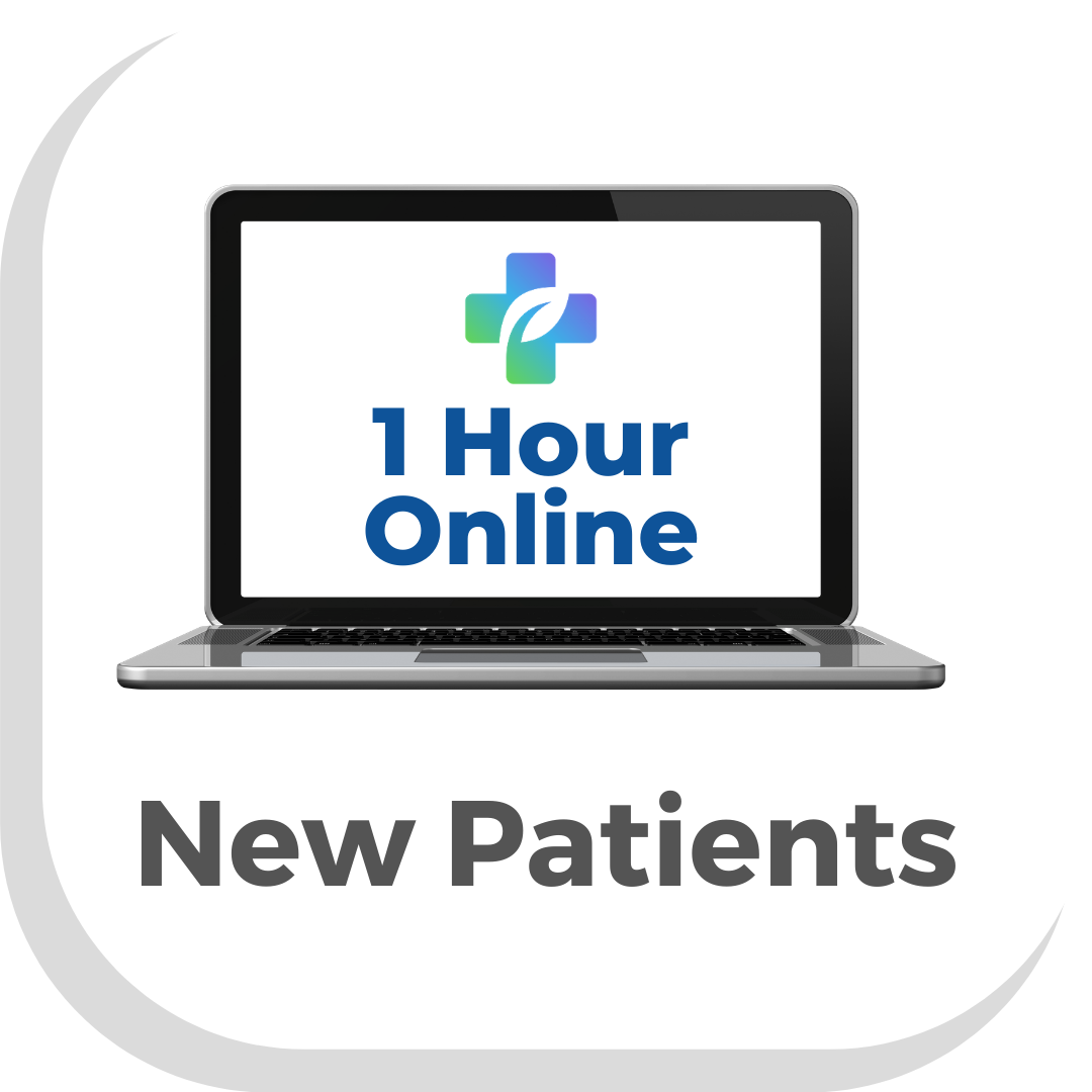 Picture of a button with a computer and the words 1 hour online with writing saying new patients press to make a 1 hour online appointment with a Vegan Doctor Dr Scott Harrington at Vegan Primary Care