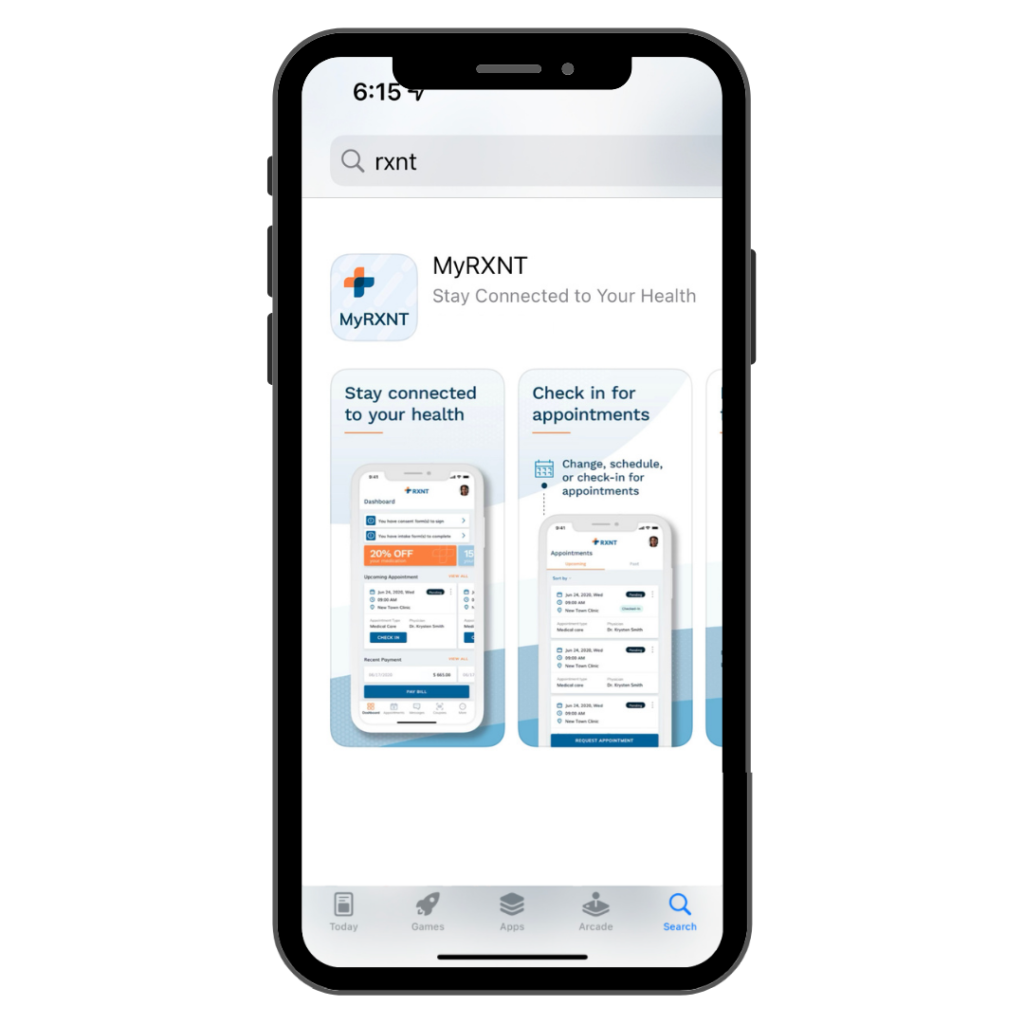 iphone with Apple app store image of the MyRXNT app