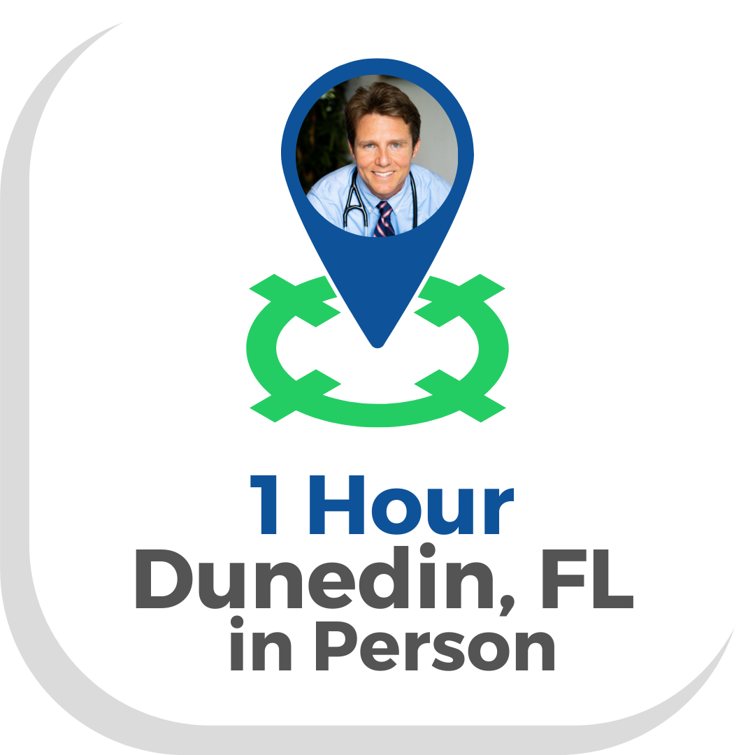 Button with a map pointer with Dr Scott Harrington saying 1 hour in person clinic visit in Dunedin FL press to make an in Person Appointment with a Vegan Doctor at Vegan Primary Care