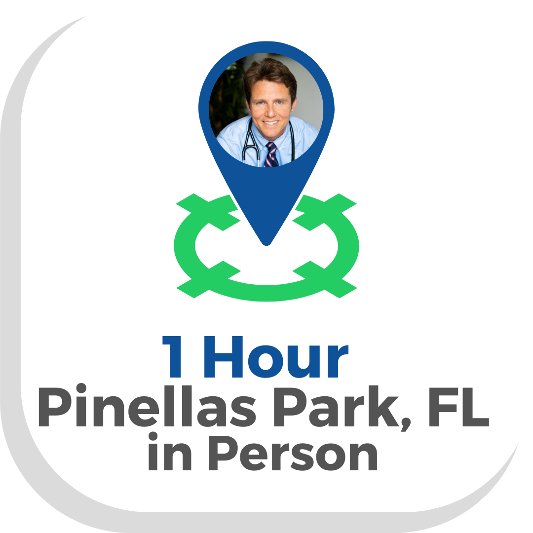 Button with a map pointer with Dr Scott Harrington saying 1 hour in person clinic visit in Pinellas Park FL press to make an in Person Appointment with a Vegan Doctor at Vegan Primary Care