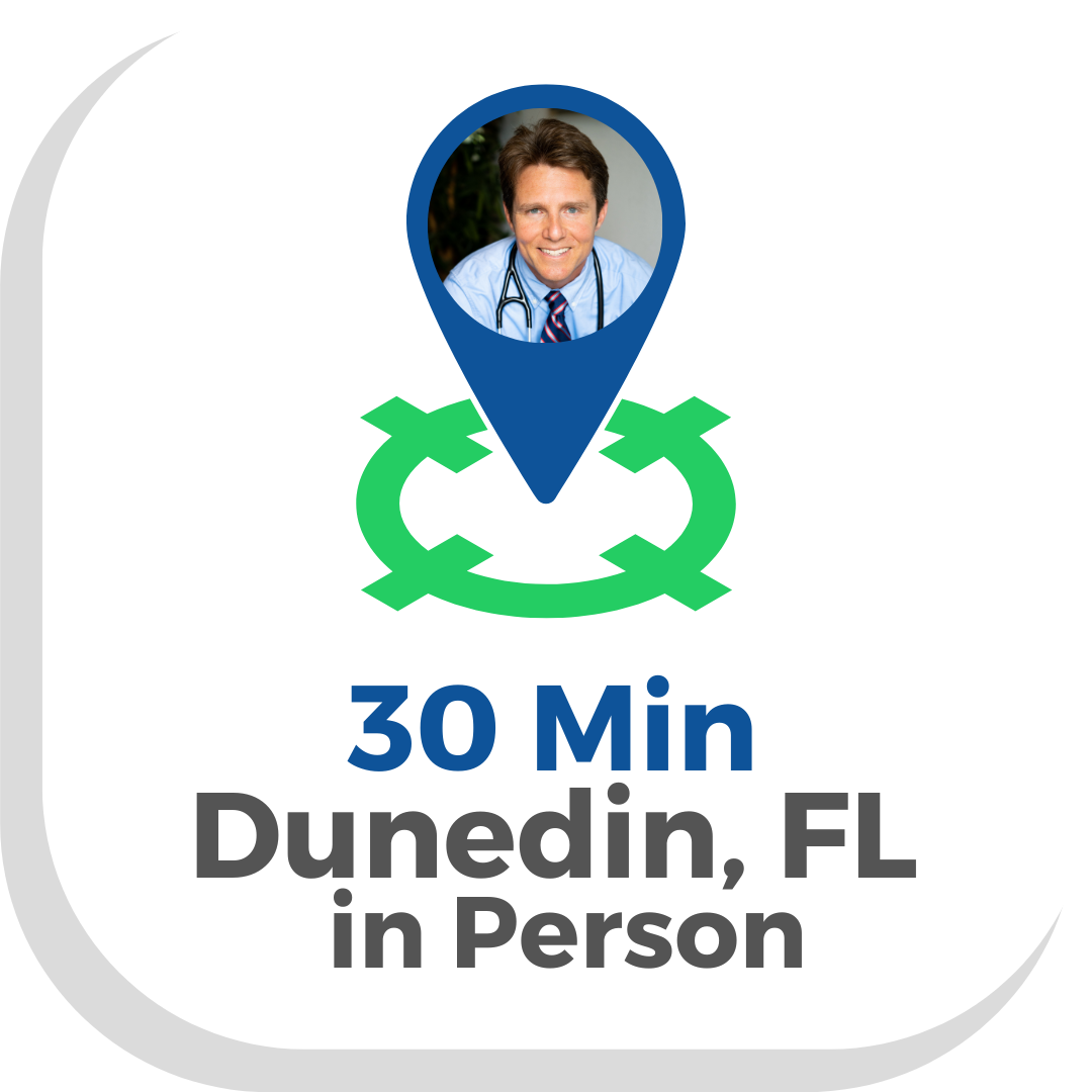 Button with a map pointer with Dr Scott Harrington saying 30 Min in person clinic visit in Dunedin FL press to make an in Person Appointment with a Vegan Doctor at Vegan Primary Care
