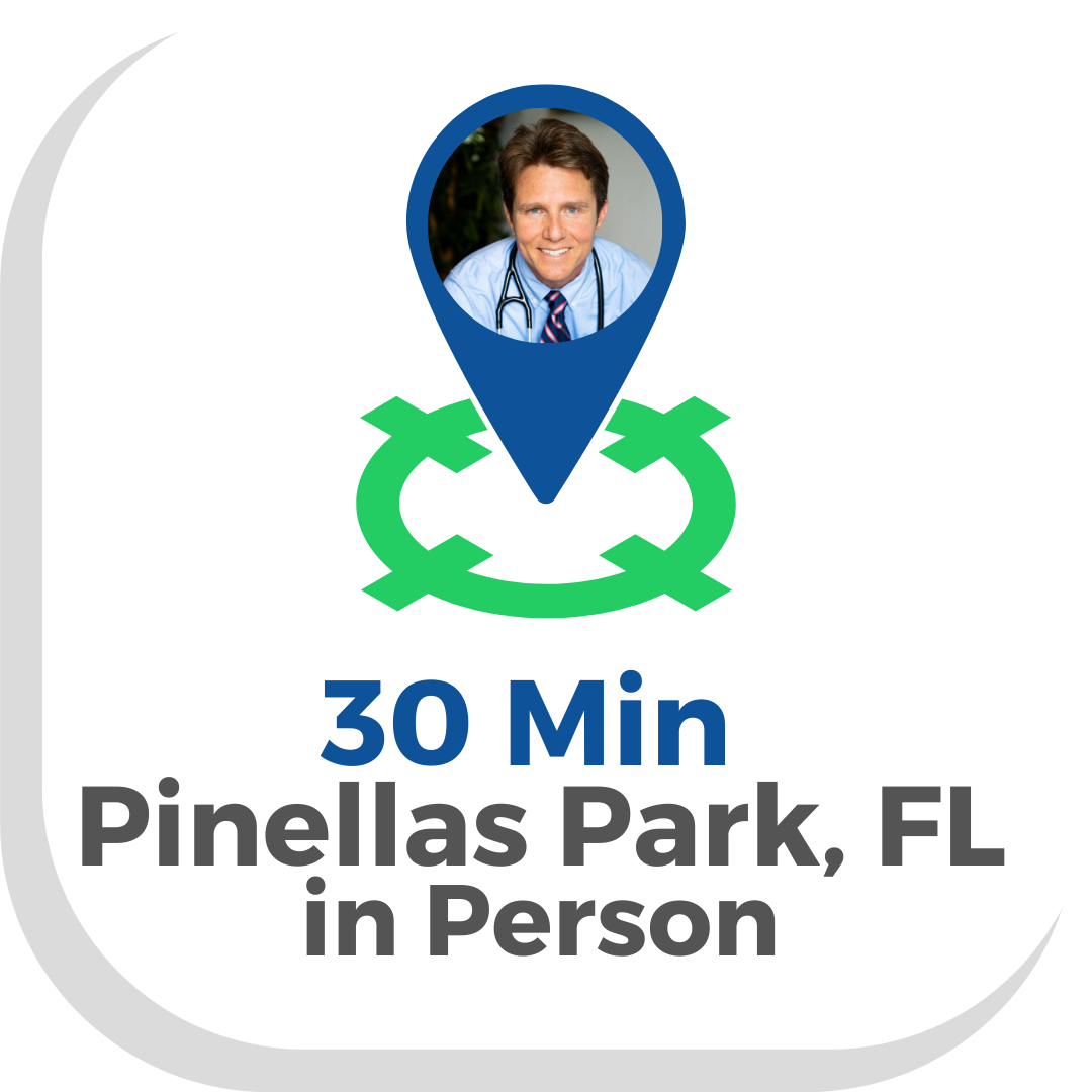 Button with a map pointer with Dr Scott Harrington saying 30 Min in person clinic visit in Dunedin FL press to make an in Person Appointment with a Vegan Doctor at Vegan Primary Care