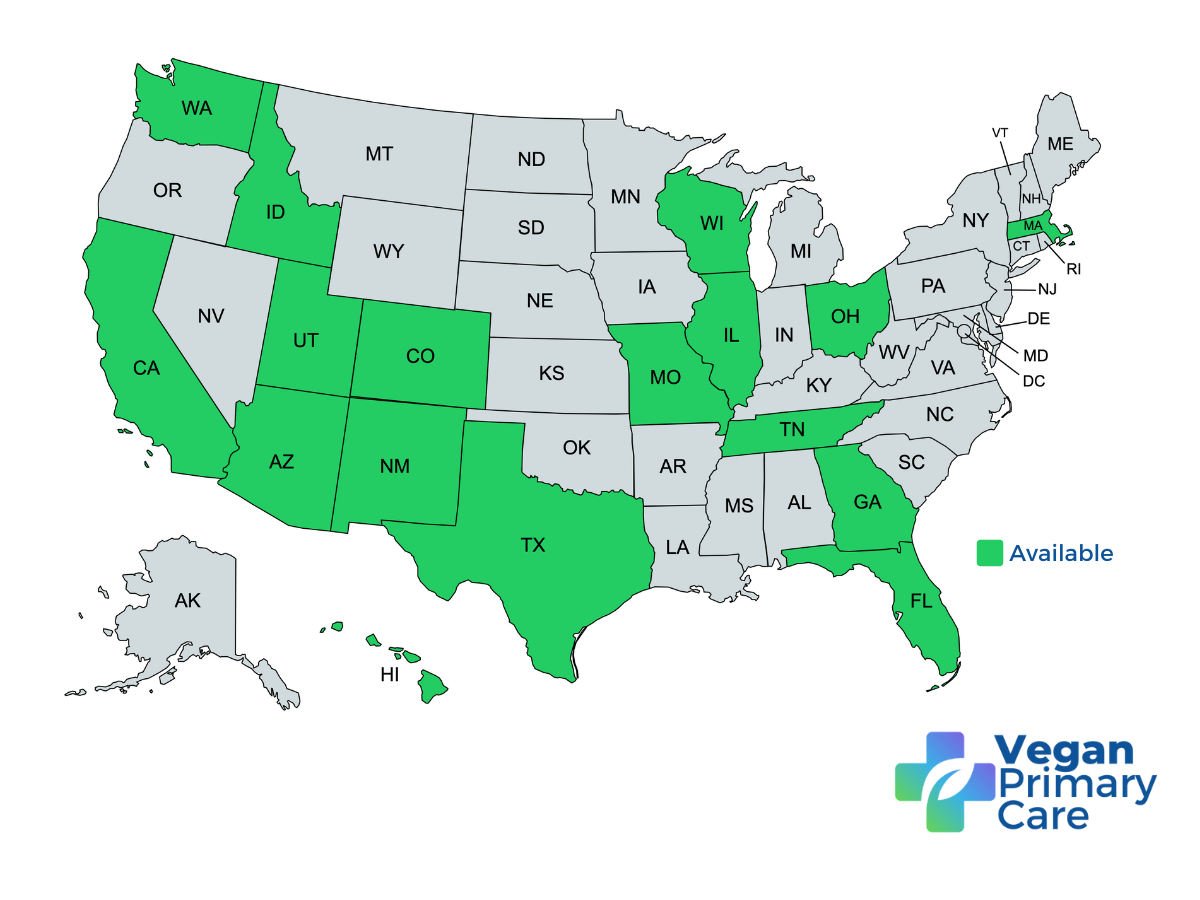 United States Map of States Where Dr Scott Harrington and Vegan Primary Care is Available and Accepting New Patients in states including: AZ, CA, CO, FL, GA, HI, ID, IL, MA, MO, NM, OH, TN, TX, UT, WA, and WI.