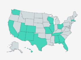 United States Map of States Where Dr Scott Harrington and Vegan Primary Care is Available and Accepting New Patients in states including: AL, AZ, CA, CO, FL, GA, HI, IL, MA, MO, NM, OH, TN, TX, UT, WA, and WI.
