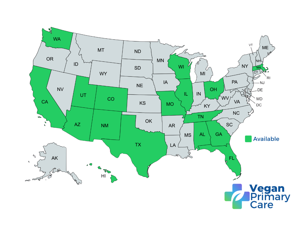 United States Map of States Where Dr Scott Harrington and Vegan Primary Care is Available and Accepting New Patients in states including: AL, AZ, CA, CO, FL, GA, HI, IL, MA, MO, NM, OH, TN, TX, UT, WA, and WI.